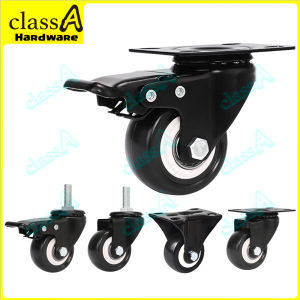 ClassAHW Black PU Heavy Duty Swivel Rigid Brake Castor M8 M10 Caster Roller Wheel 50mm 2 inch Black and White Roda Hitam