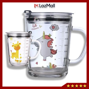 Ly Thuỷ Tinh Chia vạch 350 ml Hoạ Tiết Hoạt Hình Có Nắp Đậy Chân Không