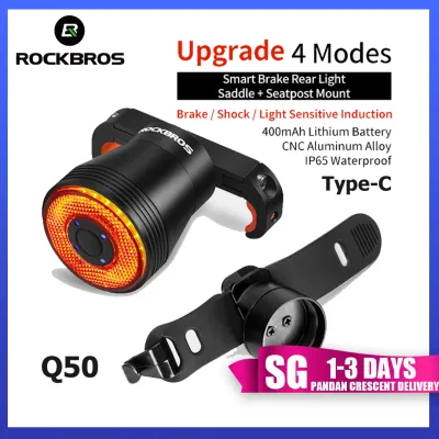 【SG Delivery】ROCKBROS Smart Bicycle Brake Light Type-C Bike tail light Sensor Auto Start / Stop Waterproof IPx6 Charging Accessories LED Cycling Light Bike Rear Light Q3 Q5 are Smart Lights / Q1 is Normal Light