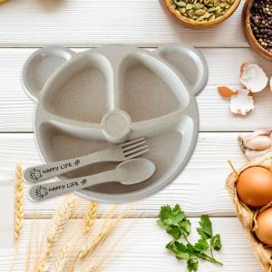 จานข้าวหมีสามช่องพร้อมช้อน จานข้าวเด็ก จานอาหาร 3หลุม พร้อมช้อนส้อม