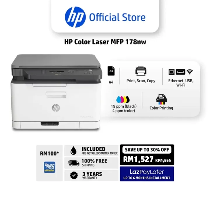HP Color Laser MFP 178nw, MFP 179fnw Series | A4 | USB, Ethernet, Wi-Fi | Print, Scan, Copy | Dynamic Security | 3 Years Warranty