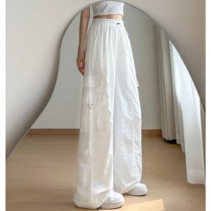COD white quick-drying overalls womens summer new ice silk wide-leg pants American high-waisted loose paratrooper sweatpants 2026 new products