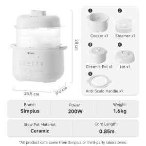 Simplus Electric Slow Cooker 1L Stew Pot For Baby Food 8H Auto Keep Warm 24H Reservation Double Boiling Low Noise| Tong Sui Baby Food