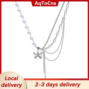 [COD] AqToCna Ship within 24 hours Shiny Crystal Butterfly Necklace Exquisite Multi-layer Pearl Clavicle Chain Necklaces for Women 2022 Trend Aesthetic Jewelry