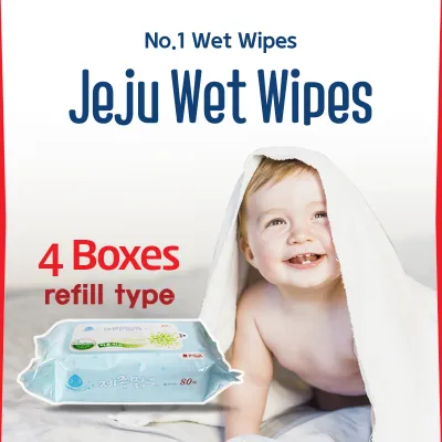 (4-box) Jeju Wet Wipes 40packs (80 sheets per pack) | Refill type(no hard cap) | Expiry: Sep 2027 or later | Baby wipes | No harmful chemical | EWG safe ingredients | 50gsm per sheet