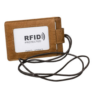 NEW Real Leather Badge ID Card Holder RFID Protected Credit Card Pouch with Lanyard Staff Student Reporter Work Card Case Holders Office Supplies