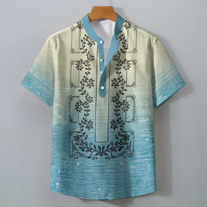 2025 Philippine Modern Barong Style Mens Chinese Stand Collar Button Short Sleeve Shirt Traditional Retro 3D Printing Pattern Top Casual Large Size Ethnic Henley Shirt for Men