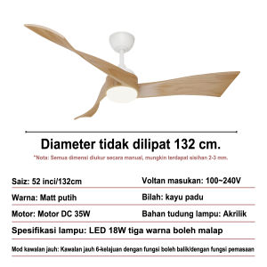 52-inch solid wood ceiling fan with silent DC motor high-power creative ceiling fan suitable for dining rooms bedrooms and living rooms 6-speed remote control with reverse/timer function 18W LED tri-color light