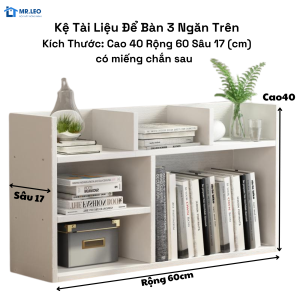 Kệ Sách Để Bàn 3 Ngăn Có Tấm Chắn Sau – Kệ Gỗ Đa Năng Trang Trí Bàn Học Bàn Làm Việc 40x60x17cm – Tặng Tua Vít