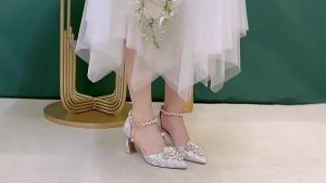 New High Heel Sandals for Women Wearing Pearl Flower Stripe Summer Fashion Hollow Wedding Shoes