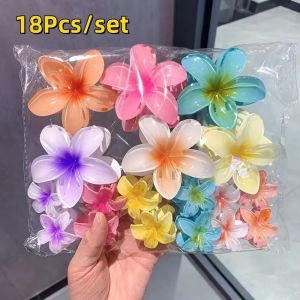 3Pcs/Set Womens Gradient Shark Hair Claw Clips Plumeria Flower Ponytail Barrettes Hawaiian Style Hairpins for Girls