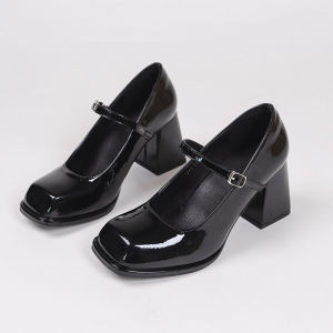 Free Shipping Retro WomenS Shoes 2026 New Spring High Heels Small Leather Shoes Elegant Square Toe Chunky Heel Flats