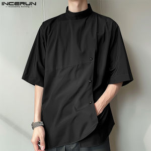 INCERUN Mens Handsome Half-High Neck Slanted Placket Shirts Mid-Sleeve Plain Fashion Blouse (Korean Style) #240903