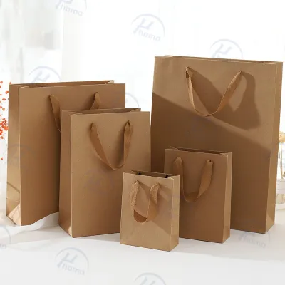 Kraft Paper Bag Plain Rope Handle Hand bag Gift Bag Bulk Birthday Wedding Party Gift Packaging Bags With Handles High-end Gift Bag