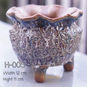กระถางดินเผาเคลือบ/กระถางแฮนเมค/กระถางปลูกต้นไม้/ กระถางแคคตัส ทรงกลมอ้วนปากจีบH004-005