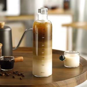 Elegant Transparent Glass Water Bottle with Leaf Proof Lid Cover Tumbler Coffee Milk Tea Cups Motivational Time Marker Travel Mugs Ceramic