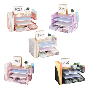 4-Tiered Letter Tray Metal with Magazine Stand Drawer Pen Cups Multifunction for Office Desk Organizers and Accessories
