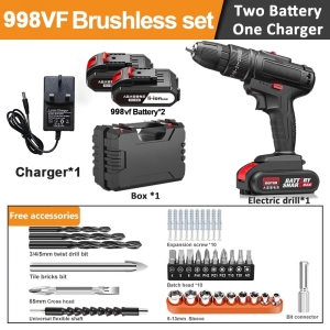 998VF Cordless Drill Wireless Electric Drill Multi-Head Power Impact Drill Portable High Powerful Rechargeable Lithium Battery ScrewDriver gerudi elektrik bateri 2 Speed Multifunctional Tool Set