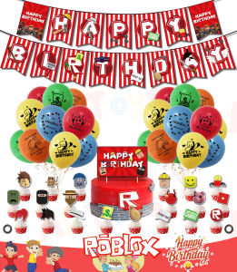 AliToys Robloxs Theme Birthday Balloon Set Include Pull Flag Cake Card Banner Balloons for Birthday Party Decoration Package for Boy Girls Gift