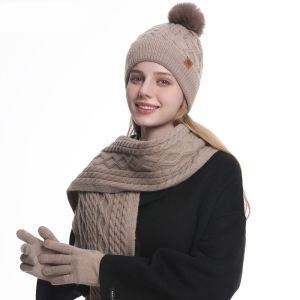 SIMPL Twist Hat Scarf Gloves Set Thermal 3-Piece Set Warm Knit Cap Neck Protector Solid Color Knitted Hat Women