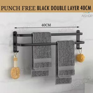 (SG Seller)Towel Rack/Towel Hanger/towel holder/towel racks/Wall Hanging /Wall-mounted/black towel rack/with Hooks