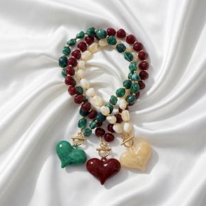 HOTOTO Green/Red/Cream Apricot Color Resin Beaded Necklace Chic Toggle Clasp Chunky Heart Pendant Boho Women Jewelry Gift