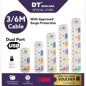 DT England 3/6M Extension Socket Cord With 2 USB  Approved Surge Protection  Safety Mark  2 Pin Friendly 2 / 3 / 4 / 5 / 6 Way