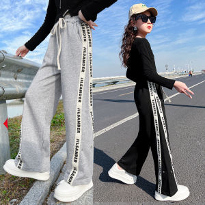 Rolanko Summer Cotton Casual Pants 5-14 Years Girls Wide Leg Baggy Pants Black Grey Letter Stitching Bottom Trousers Korean Loose Fashion Costume