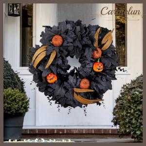 [Carmelun] พวงมาลาฟักทองใบเมเปิ้ลสีดำฮาโลวีนจี้ห้อยตกแต่งแบบกอธิคสำหรับประตูหน้าระเบียงหน้าต่างในร่มกลางแจ้งบ้านตกแต่งฮาโลวีน