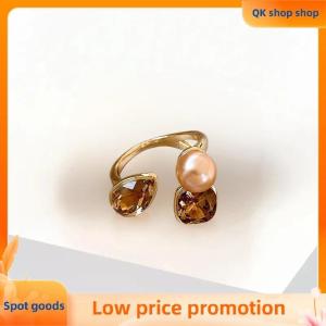 ✨QK shop✨ Vintage Luxury Geometry Crystal Champagne Pearl Metal Open Rings Jewelry Party Womens Exquisite Accessories