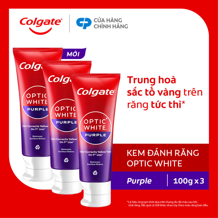 Bộ 3 Kem Đánh Răng Colgate trắng răng Optic White Purple 100g - công nghệ sắc tím, hiệu chỉnh sắc vàng trên răng