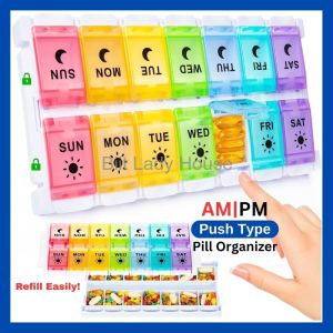 (READY STOCK) Weekly 7 Day Pill Box Organizer 2 Times a Day Bekas Ubat Pil AM PM Medicine Pill Container Case Push Button Type Pop Open Design Rainbow Black White