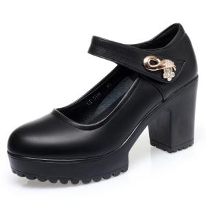 Ladies leather soft sole Velcro thick heel waterproof platform high heels 7cm