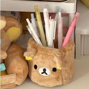 JVKISX Anime Rilakkuma Pen Holder Cute Japanese Plush Bear Pen Holder Kawaii Students Pen Organizer Desk Decoration