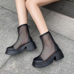 ZEEMIN Womens Spring Summer Block Heel Mesh High Top Cool Boots Thick Sole Non Slip Breathable Round Toe Zippers High Heel Casual Boot