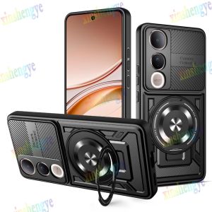 Case for Vivo V50lite Shockproof Soft TPU Frame Rugged Hard PC Back Vivo V50 lite Cover with Rotating Ring Holder and Slide Window Lens Protector