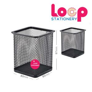 Square Pen Stand Holder Mesh Metal Black
