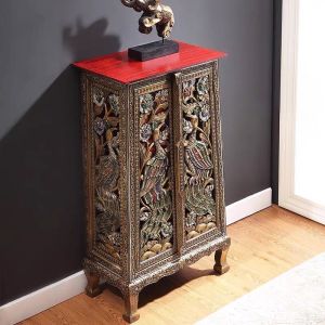 ตู้เก็บของปิดทองเดินเส้นติดกระจก ตู้จีนเดินเส้น ตู้โบราณ ตู้เก็บของ ตู้ข้างเตียง ของตกแต่งบ้าน ตกแต่งโรงแรม จัดส่งฟรี LuckyThailand