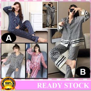 2 Designs Of 2 Material Ice Silk / Cotton ❤️New Arrival XL-2XL❤️ Long Sleeve Shirt & Long Pant 2pcs Suit Pajamas Baju Tidur Wanita Pyjamas Nightwear Suitable LL09 + LL11