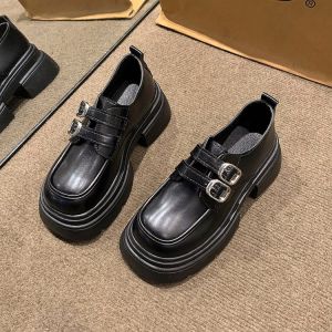 Square Toe Small Leather Shoes Womens Thick Soled College Style Casual Loafers