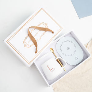 Taii 55°C Warming Cup Thermostatic Coaster Mug Heating Coaster Ceramic Cup with Stainless Steel Tea Spoon