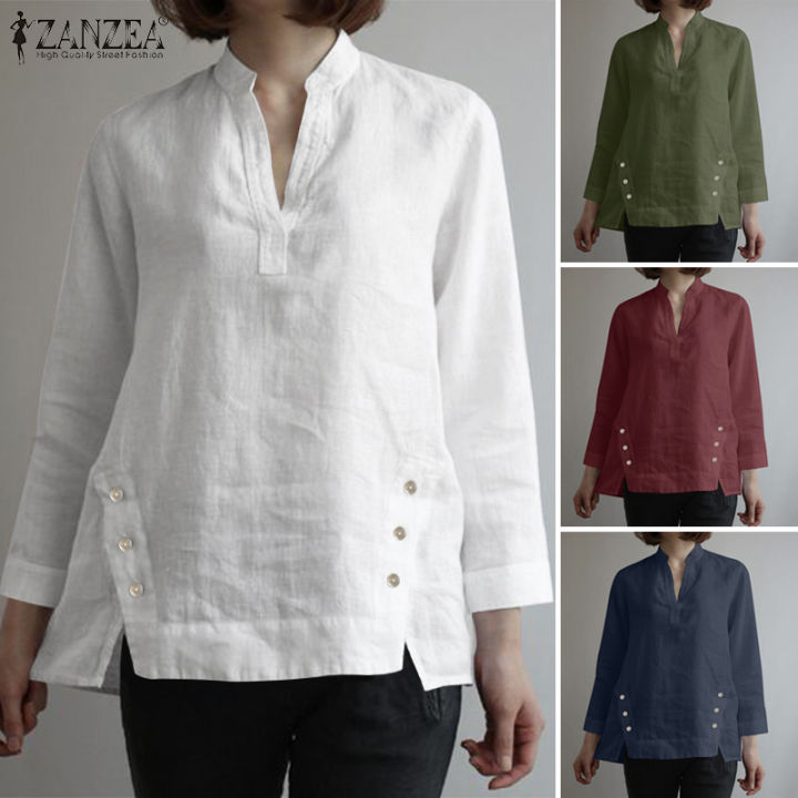 Alkepwun Linen Shirts For Women Cotton Long Sleeve Button Up Blouses V Neck Long Shirt Tunics Loose Work Casual Summer Plus Size Tops