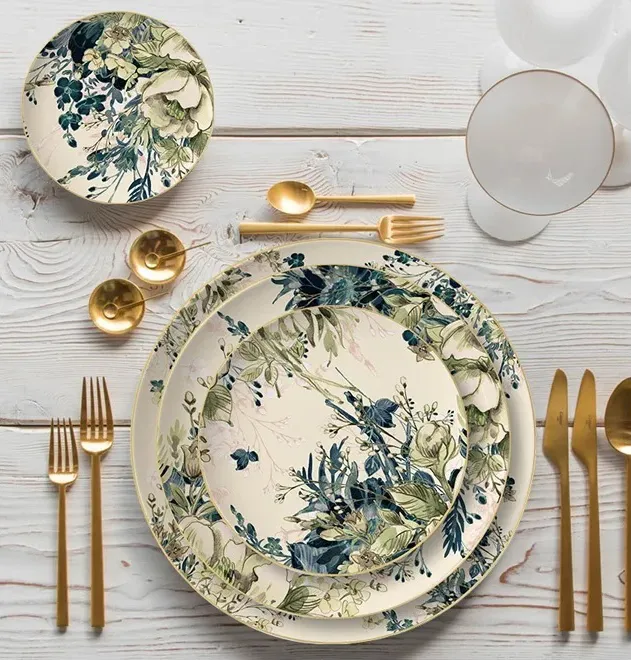 Hand Painted Ceramic Tableware Magnolia Bloom Gold Rim Plates Dinner  Salad Dessert Plates Dinnerware