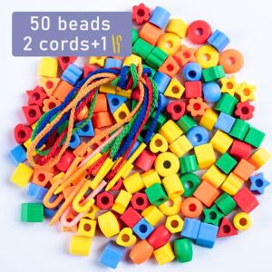 DREAMTOY 50PCS DIY Bentuk Montessori Gelang Kalung Manik-manik Tali Primer Mainan Edukasi Anak