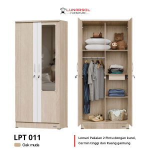 LUNARSOL Lemari Pakaian 2 Pintu Cermin Kunci | Wardrobe Minimalis Japandi LPT 011 Grade A
