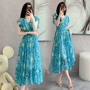 Impression Fashion Women Elegant Print V-neck Short Sleeve Tunic High Waist A-line Plus Size Midi Dress