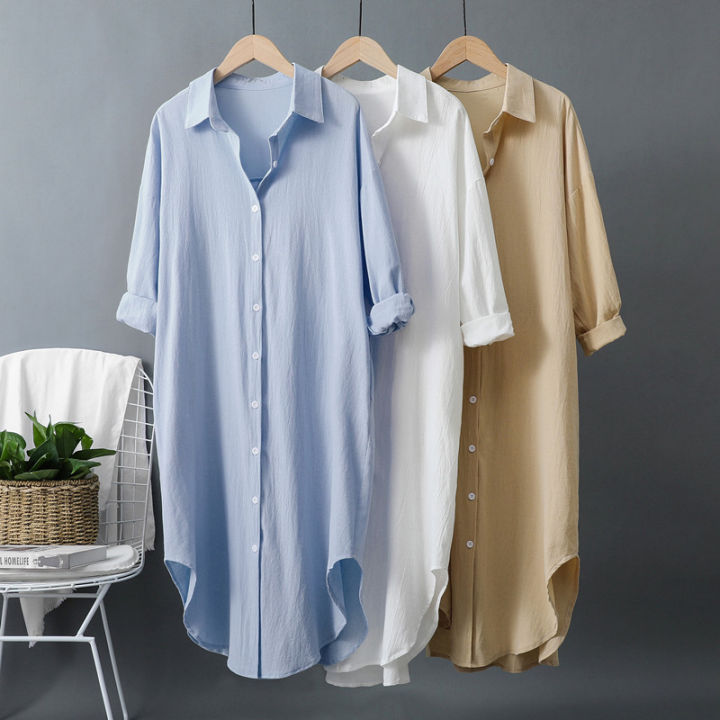 8 Colors Comfortable Plain Cotton long Shirt for Women Casual Blouse Long  Sleeve Shirt Dress plus size