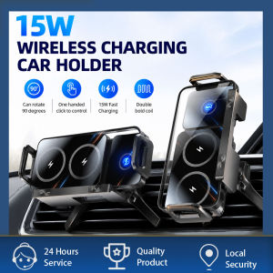 15W Wireless Car Charger Phone Holder Automatic Clamping Mount Fast Charging Stand 90° Rotation Hands Free Car Mount for iPhone Samsung