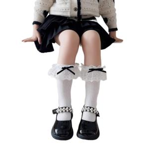 Trendy Lace Bow Middle Calf Socks for Children Bowtie Socks Princess Girl Cotton Medium Length Stockings for Daily Party