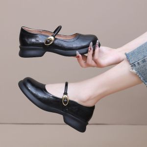Free Shipping New Spring And Autumn Soft Leather Soft-Soled Single-Strap Shallow-Toe Round-Toe Shoes For Women Perfect With Dresses
